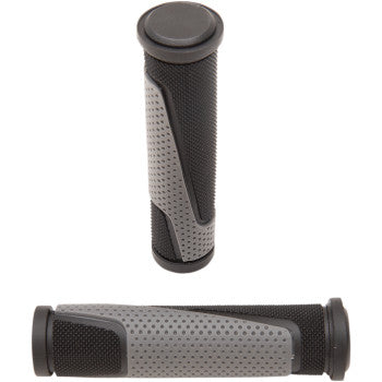 The Grips 807 Open Ends Gray / Black by Pro Grip feature ergonomic, non-slip handles with dotted patterns, shown from side and top views—perfect as vibration-reducing grips for bikes, ATVs, or jet skis.