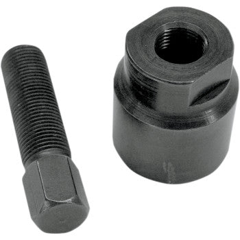 A metal bolt with a hex head sits beside the Flywheel Puller M30 x 1.5 Right Hand Thread - Female by Dennis Stubblefield Sales, both on a plain white background. Lubricate parts before use for optimal performance.