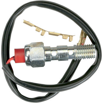The BL Banjo Bolt M10 x 1.25 Double Bleed by Goodridge features a threaded metal body, red cap, black attached wire, and gold connector coiled beside it, all displayed on a white background.
