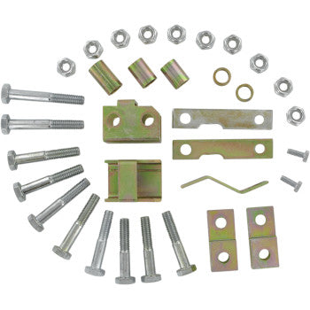 Metal hardware components from the High Lifter Lift Kit Front Back 2.00—including bolts, nuts, washers, brackets, cylinders, and plates—are arranged neatly in a circular pattern on a white background. Ideal for ATV lift projects.