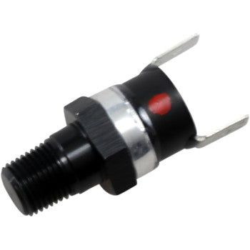 A close-up of a Miniature Thermal Switch - 190° F Preset by Jagg Oil Coolers, black and threaded with a hexagonal metal nut, two silver terminals, and a small red marking on the body.
