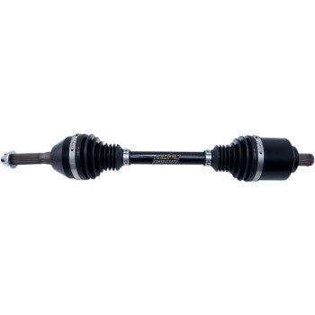 The Polaris Axle Complete Heavy Duty Front Left & Right by Demon is a black automotive axle shaft with CV joints, rubber boots, and metal clamps on both ends, designed for vehicle drivetrain use.