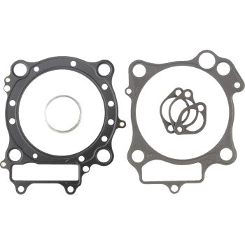 The Honda Top End Gasket Kit 98 mm by Cometic includes 4-stroke head gaskets: a large circular gasket with bolt holes, a square gasket, a small metal ring, and other smaller gaskets—all arranged on a white background.