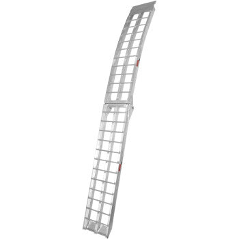The Folding Ramp by Motorsport Products is a silver, foldable ramp with a grated open-grid surface, shown partially extended and angled, ideal for loading wheelchairs, scooters, equipment, or as an ATV ramp.