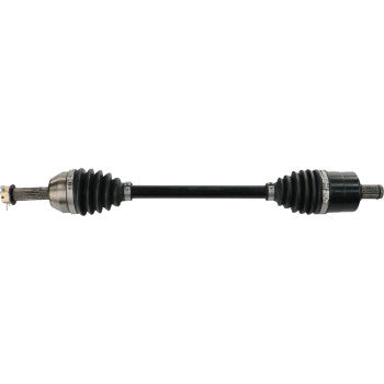 Heavy duty black metal Polaris Ranger CV axle with ribbed rubber protective boots on both ends.