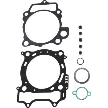 The Yamaha Top End Gasket Set by Prox includes assorted engine gaskets and seals for top-end rebuilds, such as two large black gaskets with circular cutouts, small round seals, and a metal ring washer, all displayed on a white background.
