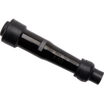 A black cylindrical component with tapered ends and side markings, similar to the Spark Plug Resistor Cover Straight Type by Moose Offroad, designed for secure, reliable performance in automotive ignition systems.