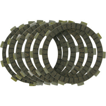 Five stacked, round friction plates with notched edges from the Clutch Kit by Ebc, arranged in a slightly overlapping pattern on a white background. Ideal for street bikes needing reliable clutch performance.