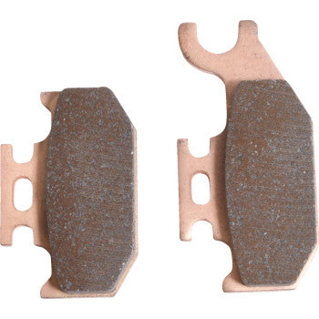 Two Sintered Brake Pads by All Balls with copper-colored backing and dark gray friction surfaces are shown side by side on a white background. Each pad has a unique mounting shape, offering excellent stopping power and durability.