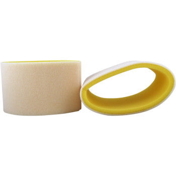 Two Kawasaki Foam Air Filters by No Toil are shown, one standing upright and one lying on its side to display the inner yellow layer.