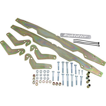 The Lift Kit Front Back 3.50 by High Lifter includes metal brackets, bars, bolts, nuts, washers, and a labeled metal plate arranged on a white background to provide increased clearance for your UTV.