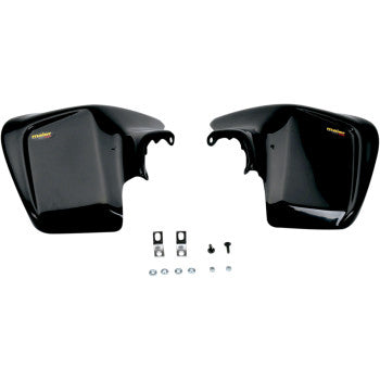 A black Maier Front Fender with an OEM color-matched glossy finish is displayed alongside mounting hardware—screws, washers, and brackets—all arranged neatly on a white background.