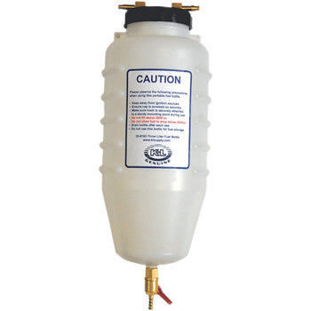 The Fuel Injected Rated Fuel Bottle 3 Liters by K&L Supply is a white plastic bottle with ridged sides, a black cap, brass valve, and CAUTION label. It features built-in safety for dispensing liquids or chemicals.