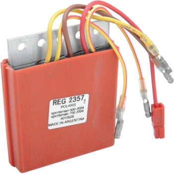 Orange rectangular Polaris regulator/rectifier with four mounted aluminum fins and multiple yellow and red insulated wires.
