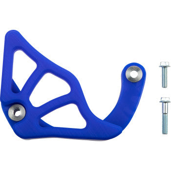 The Yamaha Case Saver Sprocket Cover Blue by T.M. Designworks features an angular metal design with geometric cutouts and comes with two silver bolts and washers, all displayed on a white background for enhanced protection.