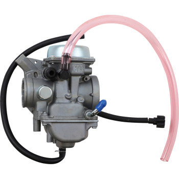 Gray metal Arctic Cat carburetor with attached black and translucent pink fuel lines and a blue adjustment screw.