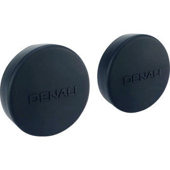 A pair of Denali D7 Blackout Light Covers, black and round with DENALI embossed on the front, shown side by side on a white background.
