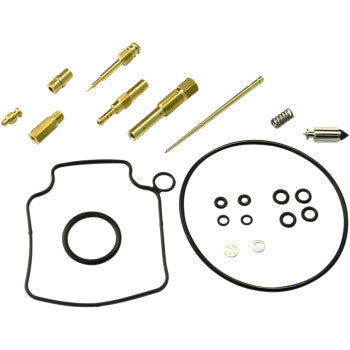The Honda Carburetor Repair Kit by Shindy includes jet needle sets, float valves, brass jets, needles, springs, rubber O-rings, washers, and gaskets displayed on a white background.