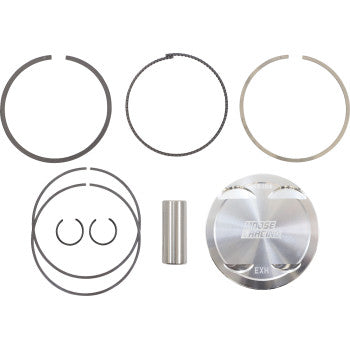 The Yamaha Piston Kit 102 mm by Moose Offroad is neatly displayed on a white background, including a piston with X-style forging, full radius dome, piston rings, two circlips, wrist pin, and thin spacers or washers.