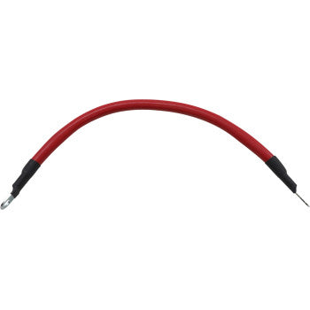 The Battery Cable 6" Red by Moose Offroad is a curved, red stranded copper wire with black insulation at both ends, a metal loop terminal on one end and an exposed tip on the other—ideal for 6 gauge cables or UTV second battery setups.