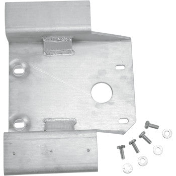 The Kawasaki Swingarm Skid Plate by Motorsport Products features welded joints, four screw holes, a larger central hole, and an angled edge for ATV protection. Includes four screws with washers.