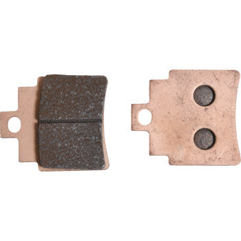 Two Sintered Brake Pads by All Balls are shown: the left features a dark friction surface, while the right displays a copper-colored backing plate with two circular indentations. Both include mounting holes for excellent stopping power and long life span.