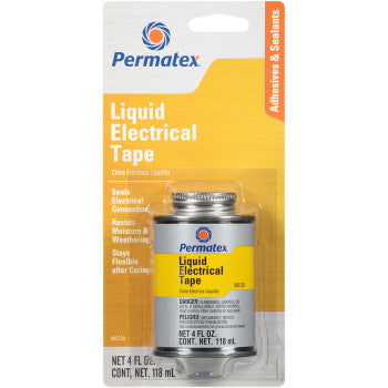 A 4 fl oz silver bottle of Permatex Liquid Electric Tape with brush cap, featuring a vinyl polymer formula for safe, flexible electrical connections—works as adhesive, sealant, and weatherproof protectant.
