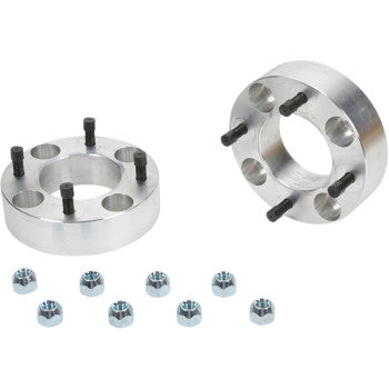 The image shows two Arctic Cat - Textron Spacer with Stud Wheel Rear 4x115 1-1/2 by High Lifter, each with five studs and ten hex nuts, arranged on a white background—perfect for fitting wheel adapters or aftermarket tires.