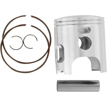 A Yamaha 350 Banshee/YFZ Piston Kit (64.50 mm by Wiseco) features a silver high-silicon aluminum piston, cylindrical pin, and four piston rings—two large, two small—displayed on a white background.