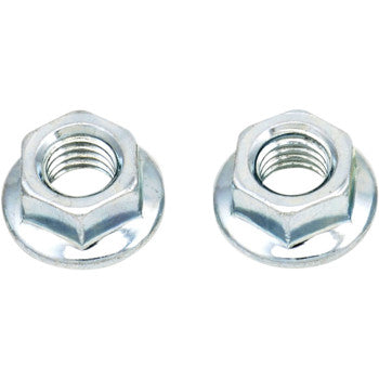 Two silver M8 hexagonal flange nuts from the Nuts Flange M8 10 Pack by Bolt, with circular bases, side by side on a white background—perfect for motorcycle hardware or use in replacement packs.