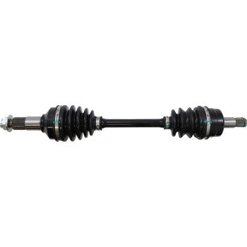 Black metal Yamaha Kodiak front axle kit with rubber CV joint boots on both ends.
