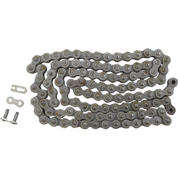 The 520 HDS Ultimate Competition Chain Steel 108 Links by JT Chains is coiled in an S-shape, with its connector link and two small pins displayed beside it on a white background.
