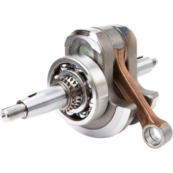 A close-up of the Yamaha Crankshaft Assembly Stroker by Hot Rods, featuring ball bearings and a copper-colored connecting rod for big bore cylinders and increased displacement, isolated on a white background.