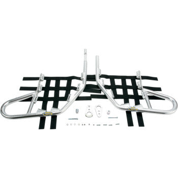The Nerf Bars Silver by Motorsport Products, featuring aluminum bars, black webbing, EZ-fit clamp brackets, and assorted mounting hardware, are displayed on a white background as components for an off-road vehicle accessory kit.
