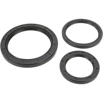 Three black rubber seals of varying diameters, ideal for high-speed EMQ bearings or differential servicing, from the Yamaha Differential Seal Kit Rear by Moose Offroad, arranged on a white background.