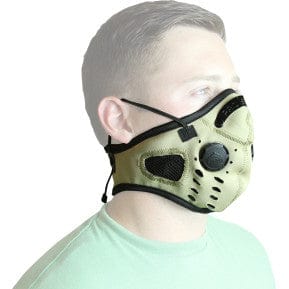 A man wearing the ATV-TEK Neoprene Dust Mask in tan, featuring black exhaust valves, mesh panels, and adjustable head straps.