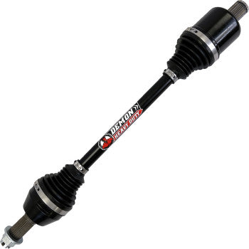 Black heavy-duty rear axle with rubber boots, metal joints, and Demon branding on the shaft.