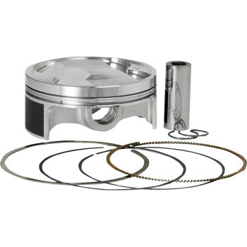 The Kawasaki Brute Force Piston Kit 84.97 mm 750 by Vertex includes a silver forged piston, wrist pin, circlip, and piston rings displayed on a white background—an ideal OEM replacement kit.