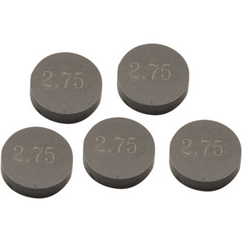 A 5-pack of Prox Valve Shims (9.48 mm x 2.75 mm) is shown clustered on a white background. Each precision-machined, dark metal disc is engraved with "2.75" for identification and engineered for maximum durability.