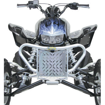 Front view of a black ATV featuring the Motorsport Products EZ Fit Bumper MX / XC Silver for enhanced motocross protection, dual suspension, flame hood graphics, a sturdy frame, and rugged tires.