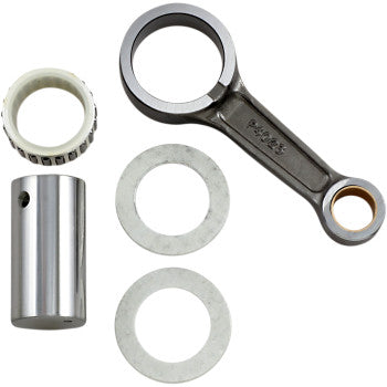 Metal connecting rod kit with chrome pin, needle bearing, and two circular washers.