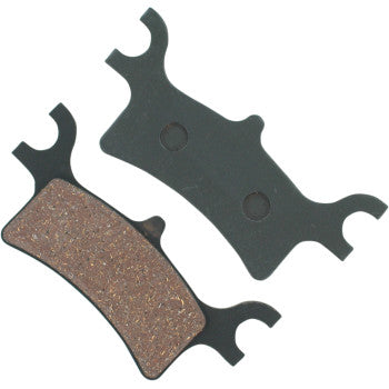 Two Polaris Brake Pads by Epi: one shows a brown carbon graphite friction side, the other reveals a black backing plate. Both have uniquely shaped ends for secure OEM replacement in your braking system.