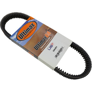 The Arctic Cat Tracker Drive Belt Ultimax UA by Ultimax comes in a black belt with packaging that has the Ultimax UA logo, product info, barcode, and highlights its high torque performance and durable aramid cord construction.