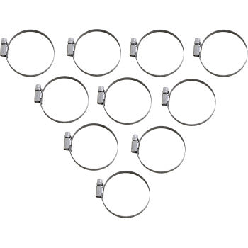Set of ten silver metal embossed hose clamps with adjustable worm gear tightening mechanism, size 40-60 mm.