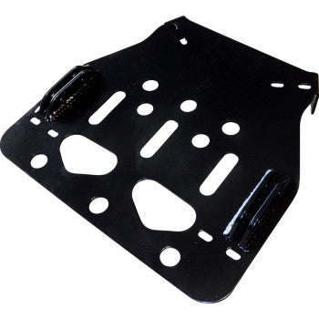Black steel plow mount plate with multiple mounting holes and welded brackets for UTV attachment.