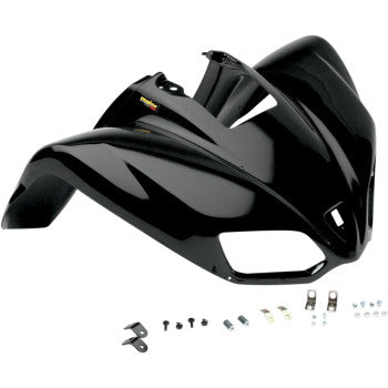 The Front Fender Black Kawasaki KFX by Maier, featuring sleek curves and a glossy finish, is displayed alongside assorted mounting hardware—bolts, brackets, and screws—neatly arranged on a white background.