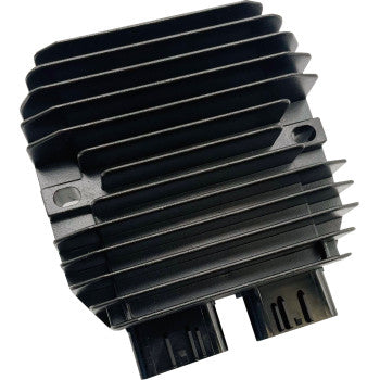 Black metal CF Moto rectifier regulator with cooling fins and dual electrical connectors.