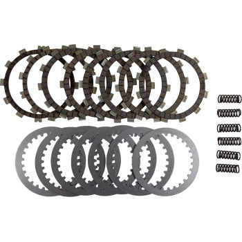 The Yamaha Clutch Kit by Ebc includes eight cork-based friction plates, seven steel plates, and five coil springs, all arranged neatly on a white background.