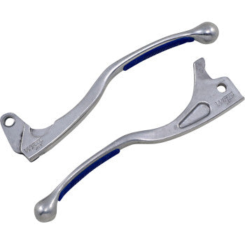 Two silver, curved metal tire levers from Lever Set Blue by Moose Offroad, each with blue silicone rubber grips, are positioned side by side on a white background.