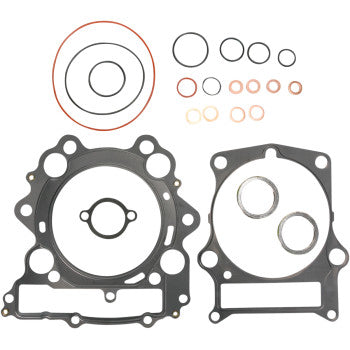 The Yamaha Top End Gasket Kit 102 mm by Cometic includes two large black MLS head gaskets with circular cutouts and assorted O-rings in different sizes and colors, all displayed on a white background for clear viewing.